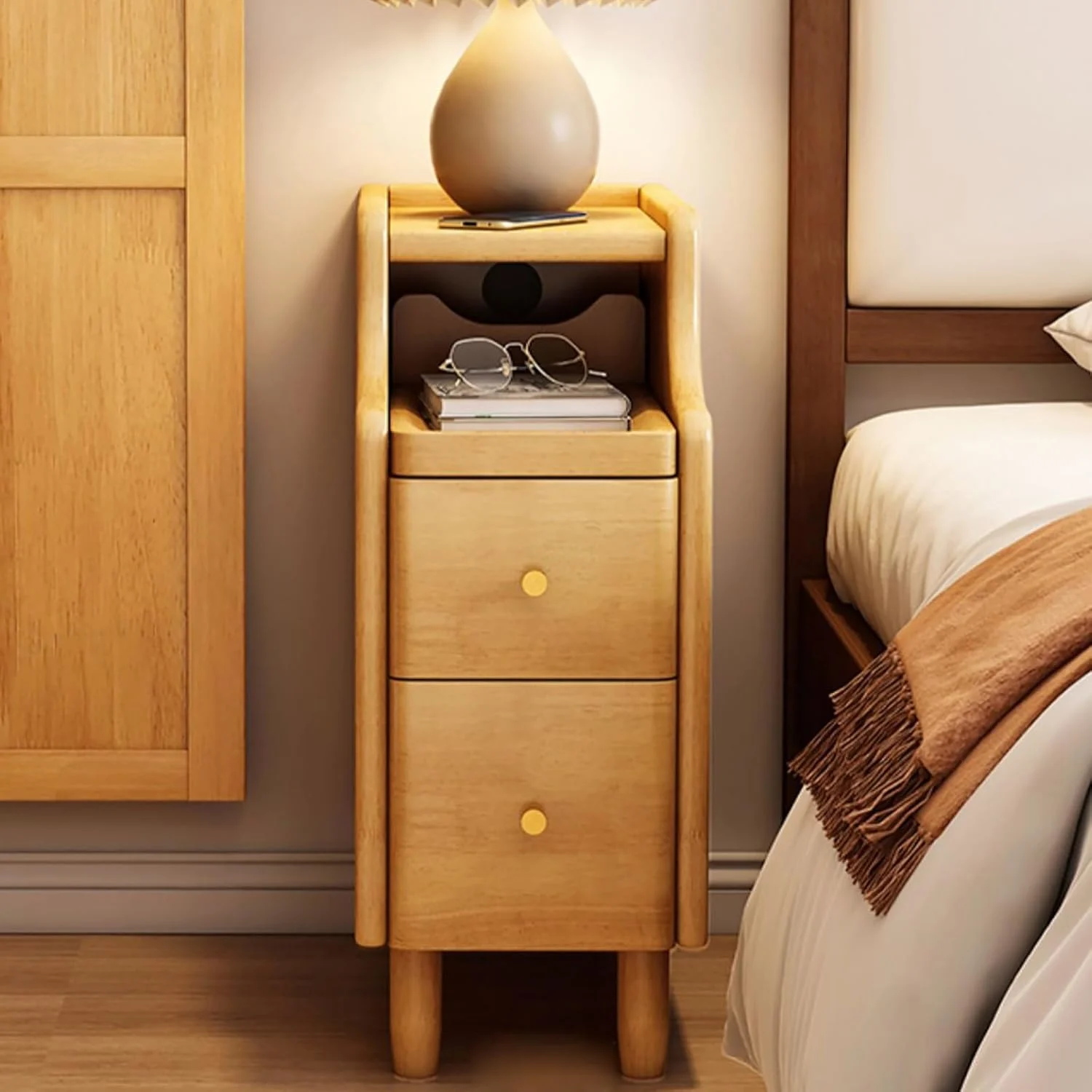Modern Slim Bedside Table with Storage Drawer & Shelf - Product Details