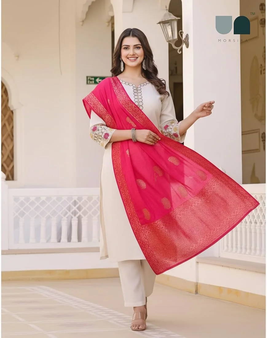 Elegant Cream Kurta Pant Set with Pink Banarasi Dupatta – Festive Ethnic Wear for Women - Product Details